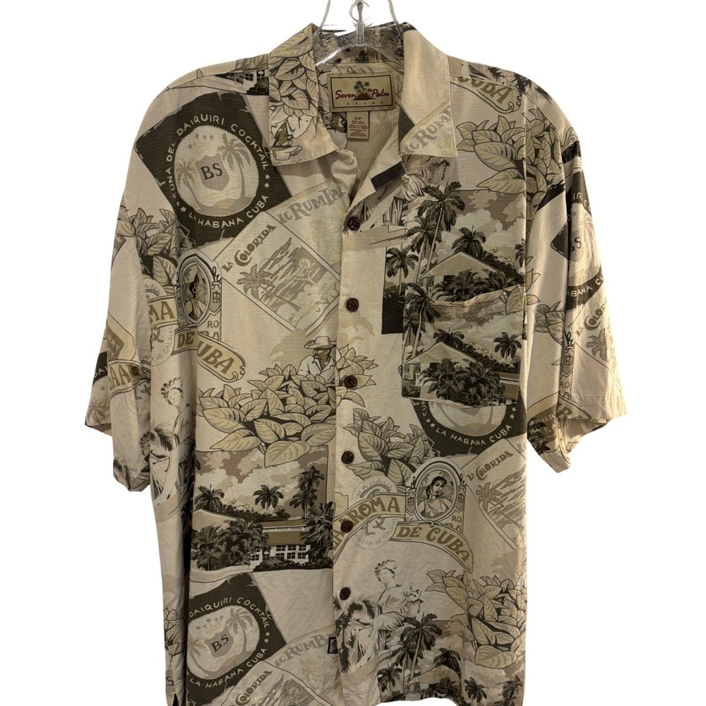 Seven Palm Silk Tropical Camp Shirt Men S Beige Short Sleeve Relaxed Fit Resort